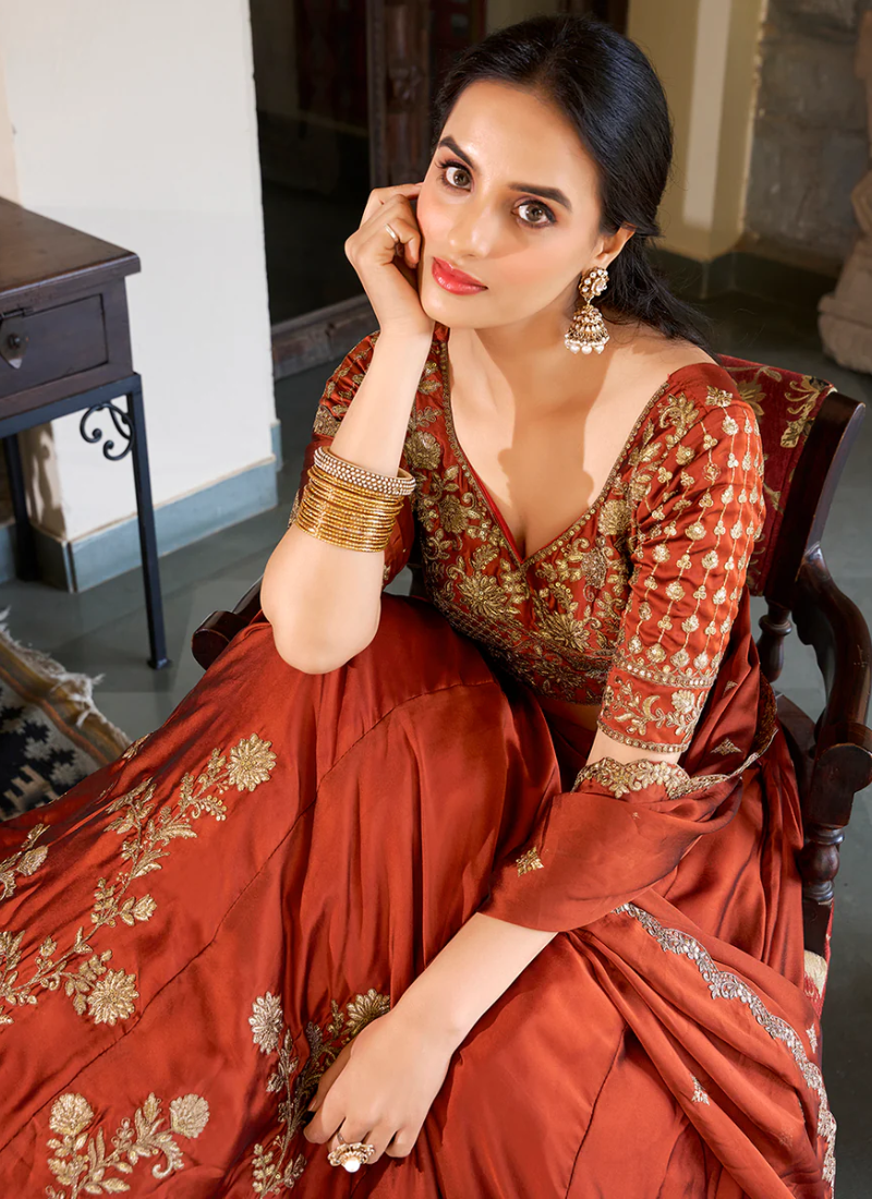Fascinating Orange Thread Embroidered Silk Lehenga Choli For Wedding
