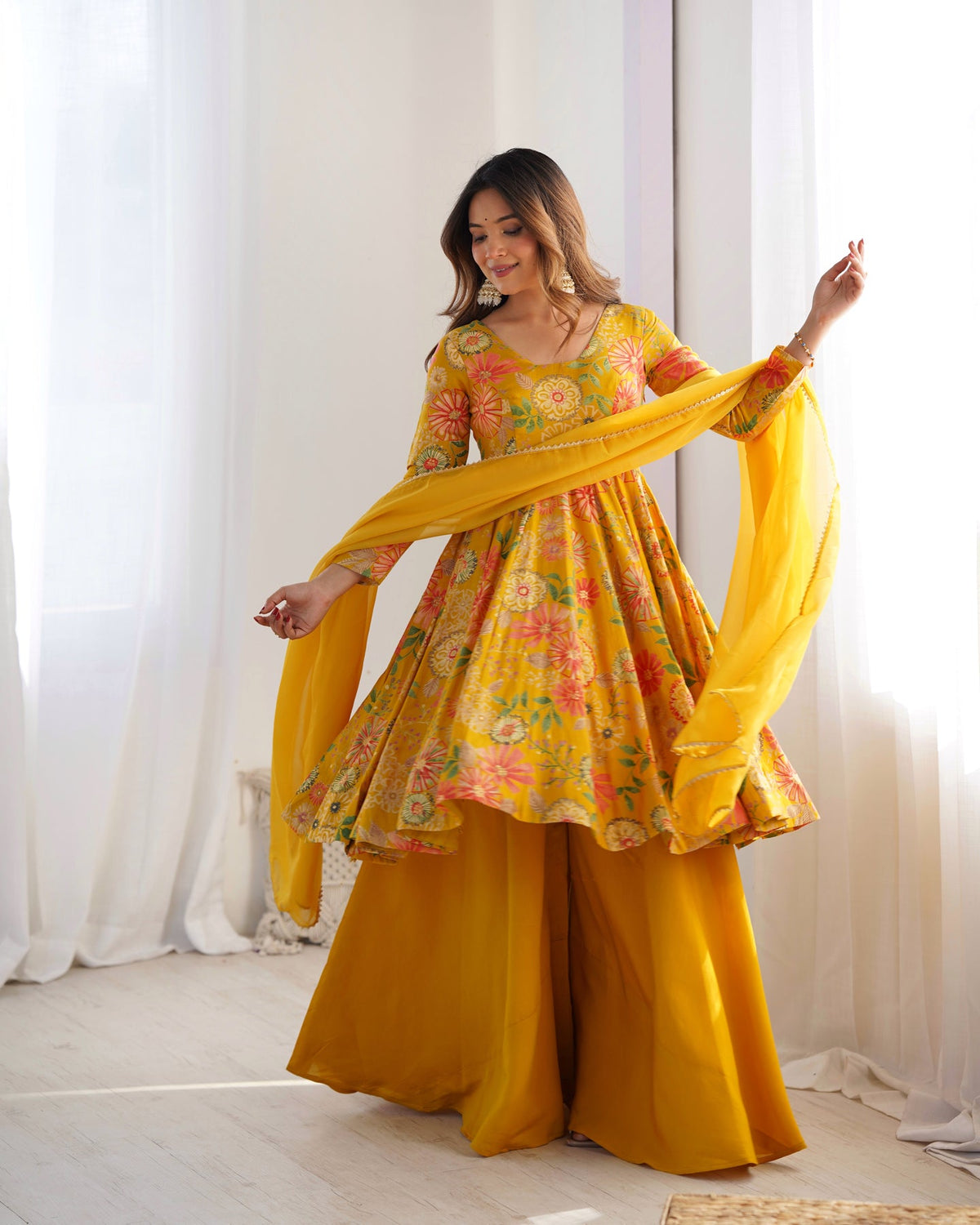 Designer Mustard Yellow Floral Printed Peplum Kurti Sharara Set with Dupatta for Women | Festive & Party Wear by Jagraa