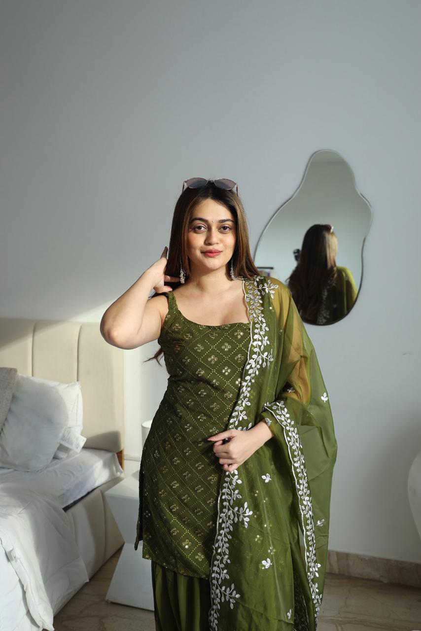 Designer Olive Green Embroidered Sharara Set with Dupatta for Women | Festive & Party Wear by Jagraa