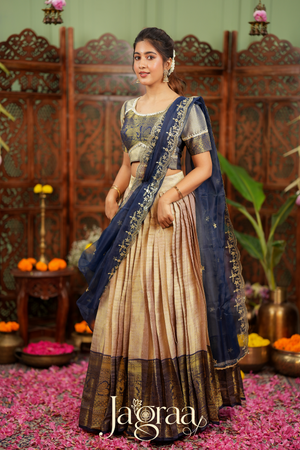Mahalaxmi | Golden Beige & Navy Blue Kanjivaram Silk Lehenga Set