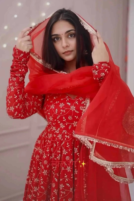 Traditional Red Embroidered Anarkali Suit Perfect for Festive Wear
