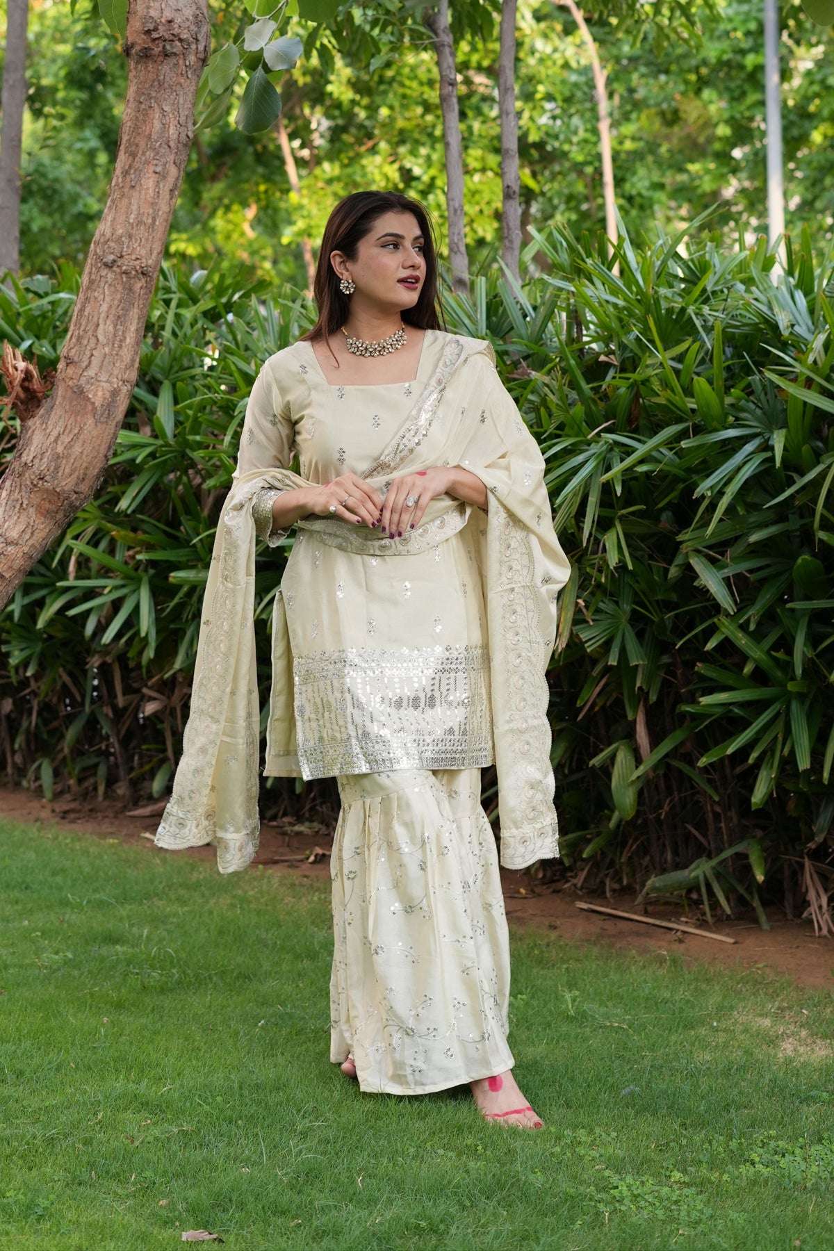 Diksha Pawar Beautiful Cream Colour Embroidery Sequence Work Sharara Suit