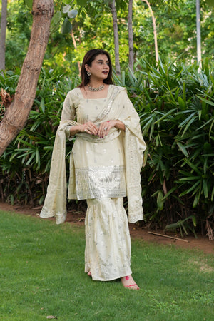 Diksha Pawar Beautiful Cream Colour Embroidery Sequence Work Sharara Suit