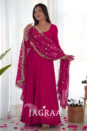 Attractive Pink Anarkali Suit Set With Heavy Dupatta