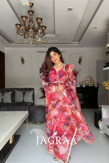Awesome Maroon Color Digital Printed Organza Gown