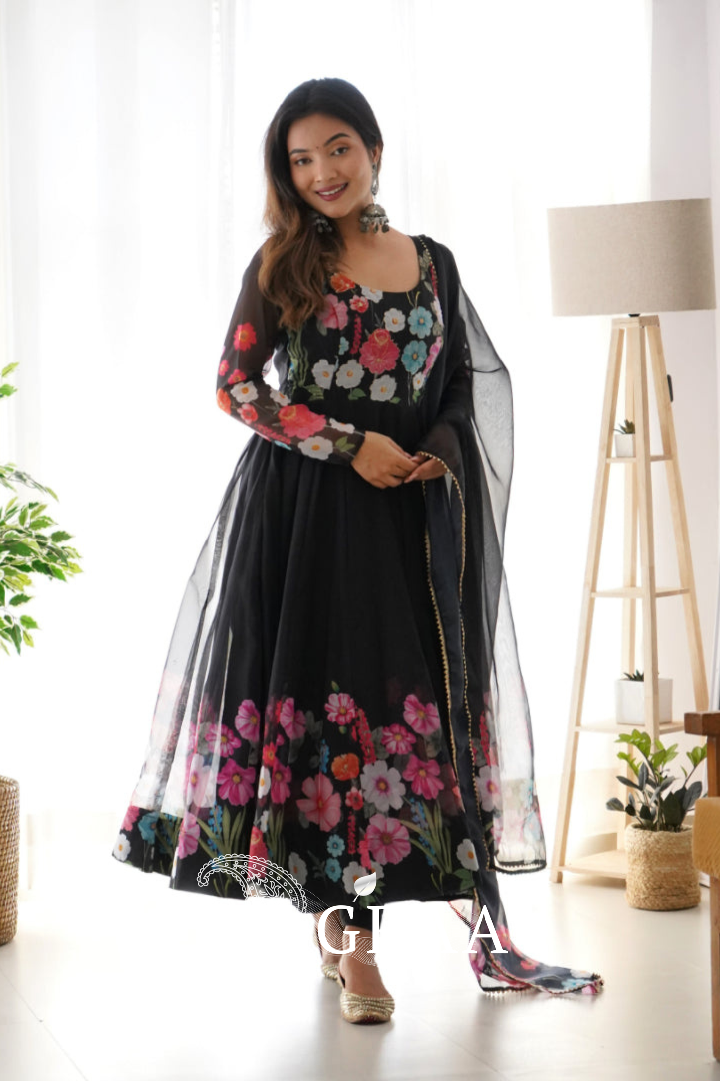 Black Color Pure Soft Organja Silk Fabric Fully Flair Kali Pattern And Canvas Patta With Dupatta Set Pent Ready To Wear
