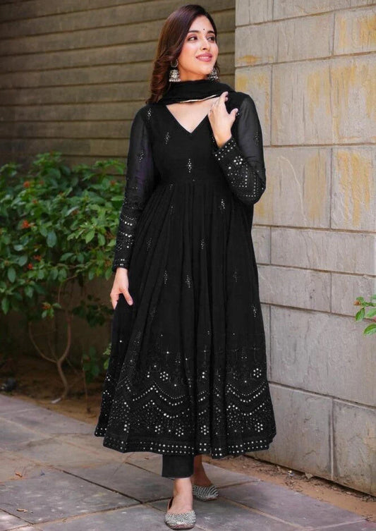 Black Georgette Anarkali Suit Set with Dupatta for Women Elegant Party Wear by Jagraa