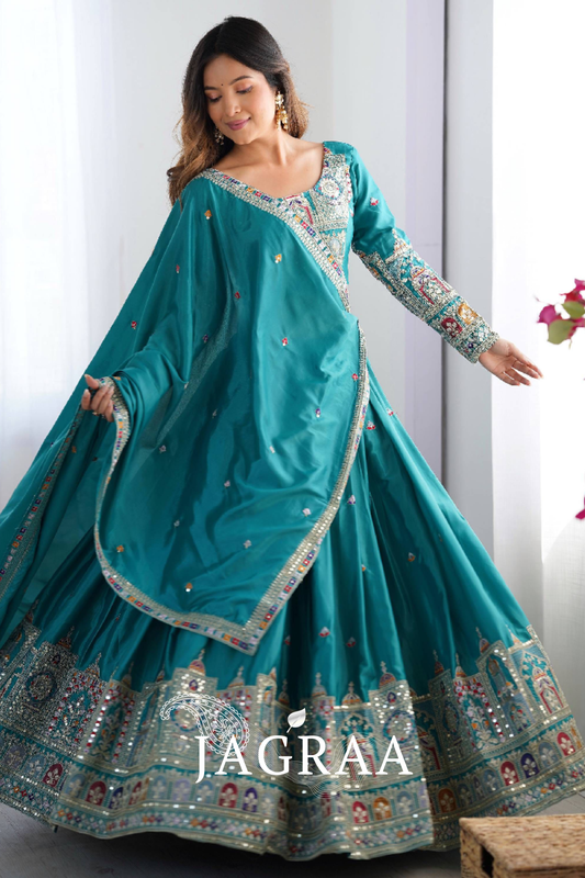 Ceremonial Wear Embroidered Silk Lehenga Choli In Rama Green Color