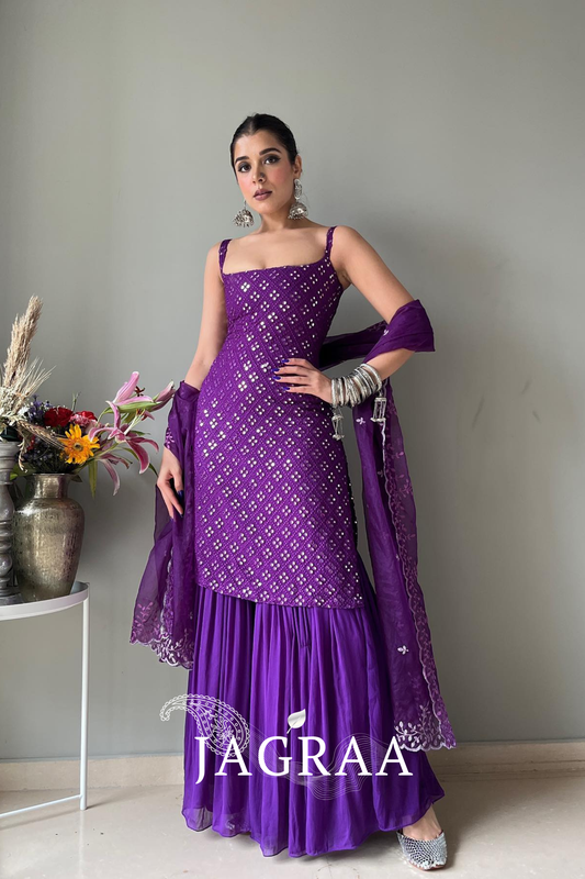 Designer Embroidered Purple Sharara suit Set with Kurta and Dupatta