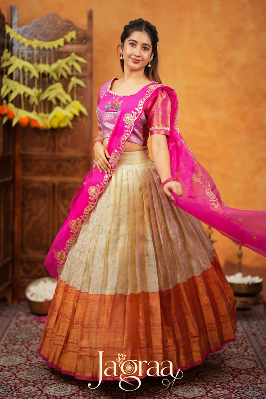 Dhanyaprada Elephant Tissue Silk Pink Lehenga Set