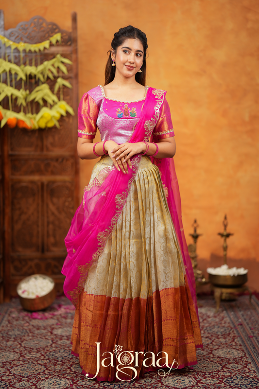 Dhanyaprada Elephant Tissue Silk Pink Lehenga Set