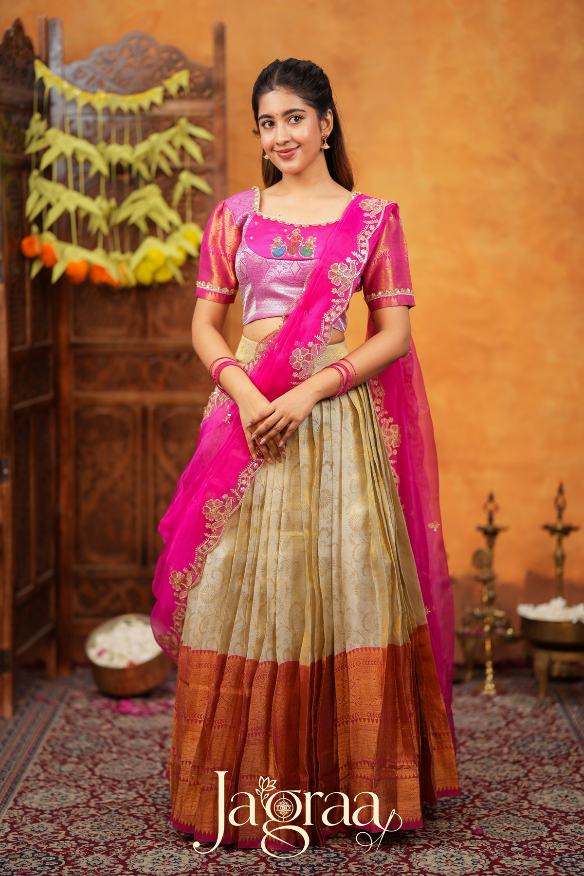 Dhanyaprada Elephant Tissue Silk Pink Lehenga Set