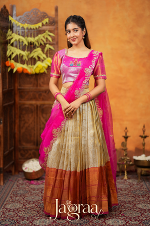 Dhanyaprada Elephant Tissue Silk Pink Lehenga Set