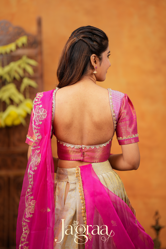 Dhanyaprada Elephant Tissue Silk Pink Lehenga Set