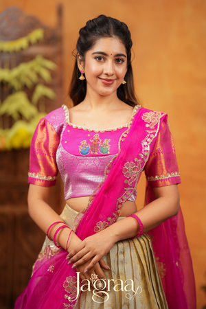 Dhanyaprada Elephant Tissue Silk Pink Lehenga Set