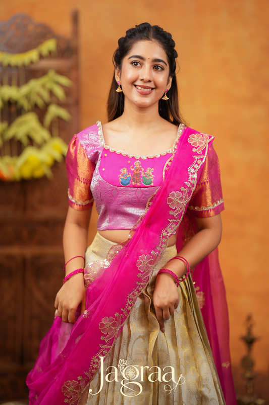 Dhanyaprada Elephant Tissue Silk Pink Lehenga Set