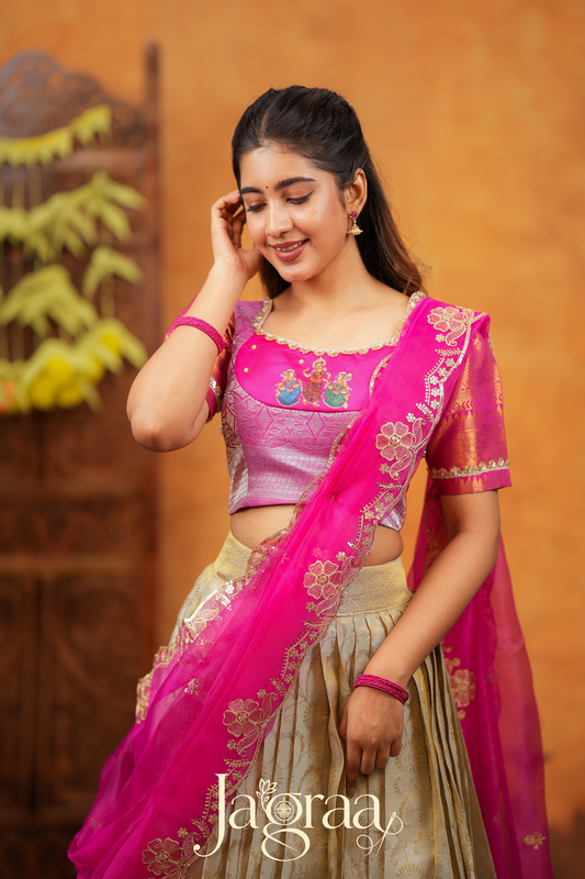 Dhanyaprada Elephant Tissue Silk Pink Lehenga Set