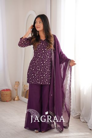 Dusty Mauve Color Crunchy Silk Embroidered Plazzo Suit