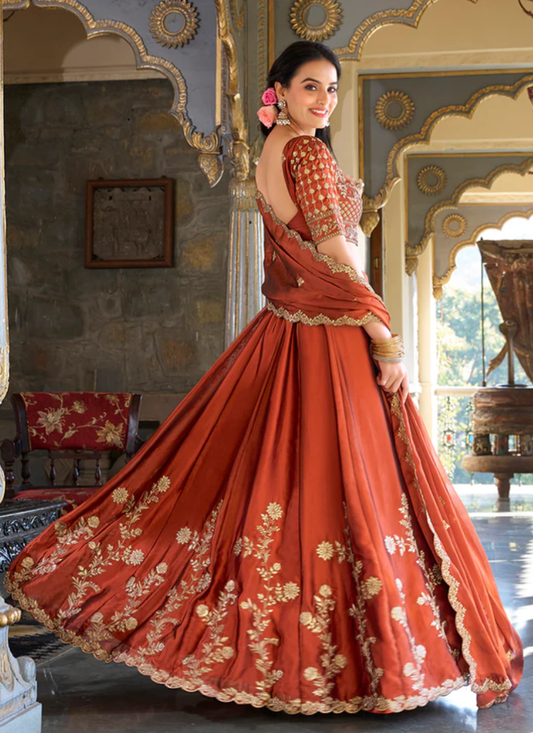Fascinating Orange Thread Embroidered Silk Lehenga Choli For Wedding