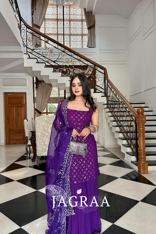 Festive Royal Purple Sharara Suit with Embroidered Kurti & Dupatta