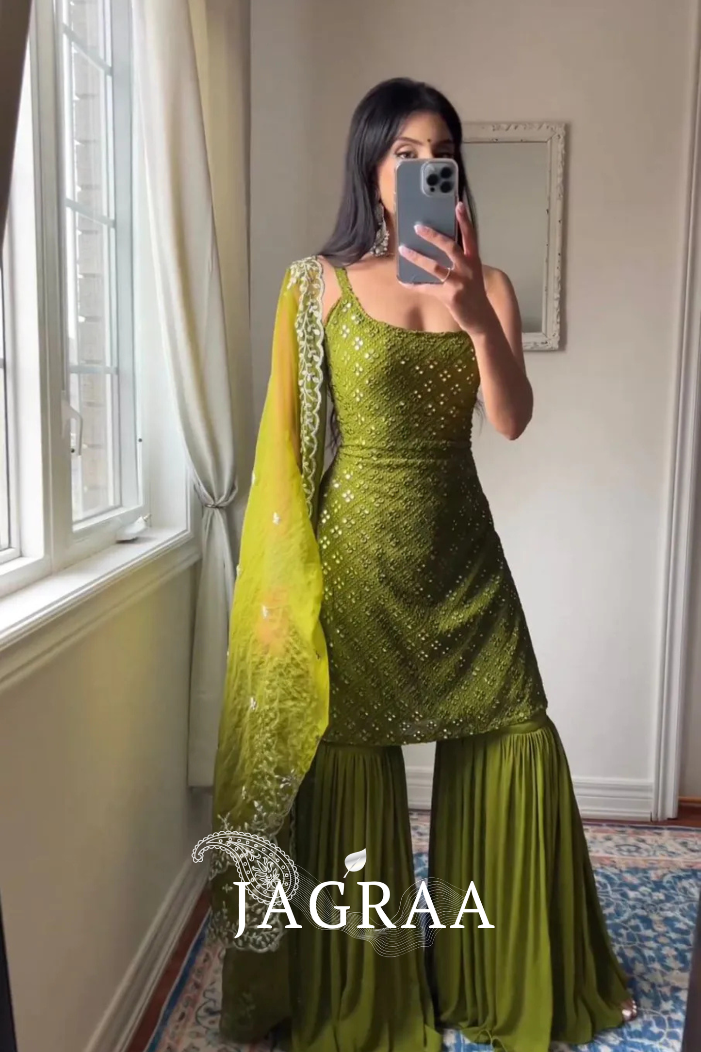 Green Embroidered Kurta And Sharara Suit Set with Dupatta