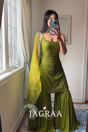 Green Embroidered Kurta And Sharara Suit Set with Dupatta