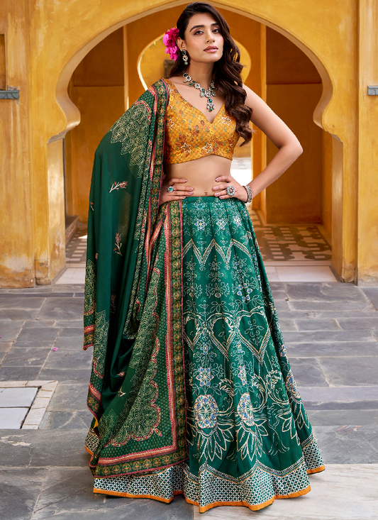 Green Vaishali Silk Printed With Beads Lehenga Choli For Wedding