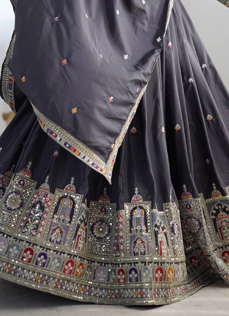 Grey Silk Thread Embroidered Traditional Lehenga Choli with Dupatta for Women Designer Ethnic Wear by Jagraa