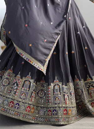 Grey Silk Thread Embroidered Traditional Lehenga Choli with Dupatta for Women Designer Ethnic Wear by Jagraa