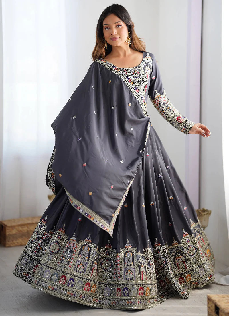 Grey Silk Thread Embroidered Traditional Lehenga Choli with Dupatta for Women Designer Ethnic Wear by Jagraa