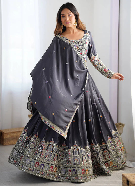 Grey Silk Thread Embroidered Traditional Lehenga Choli with Dupatta for Women Designer Ethnic Wear by Jagraa