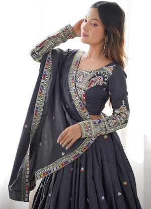 Grey Silk Thread Embroidered Traditional Lehenga Choli with Dupatta for Women Designer Ethnic Wear by Jagraa