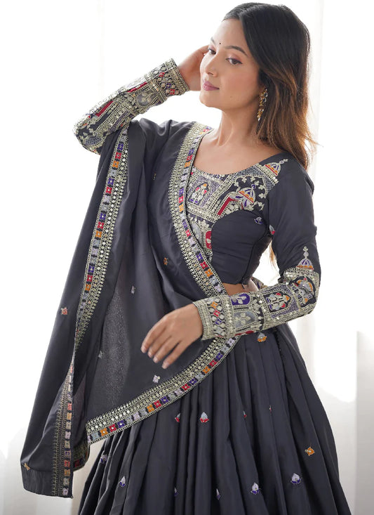 Grey Silk Thread Embroidered Traditional Lehenga Choli with Dupatta for Women Designer Ethnic Wear by Jagraa