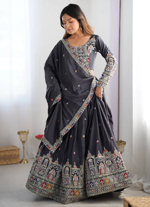 Grey Silk Thread Embroidered Traditional Lehenga Choli with Dupatta for Women Designer Ethnic Wear by Jagraa