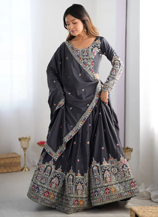 Grey Silk Thread Embroidered Traditional Lehenga Choli with Dupatta for Women Designer Ethnic Wear by Jagraa