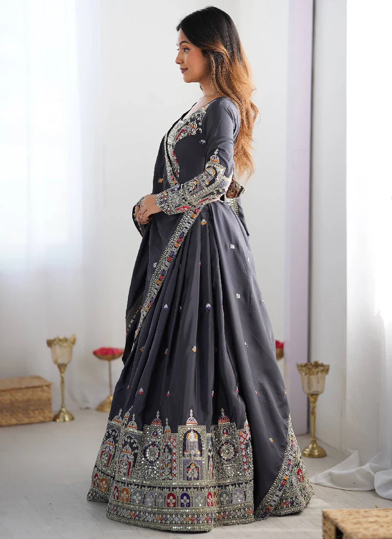 Grey Silk Thread Embroidered Traditional Lehenga Choli with Dupatta for Women Designer Ethnic Wear by Jagraa