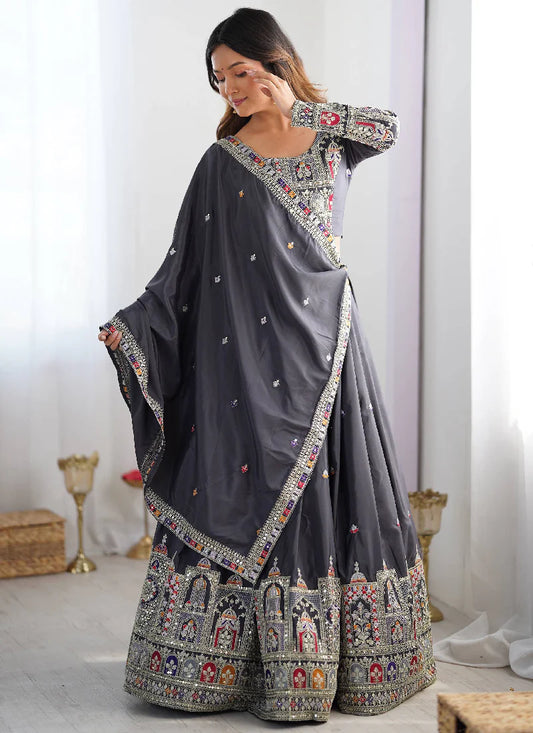 Grey Silk Thread Embroidered Traditional Lehenga Choli with Dupatta for Women Designer Ethnic Wear by Jagraa