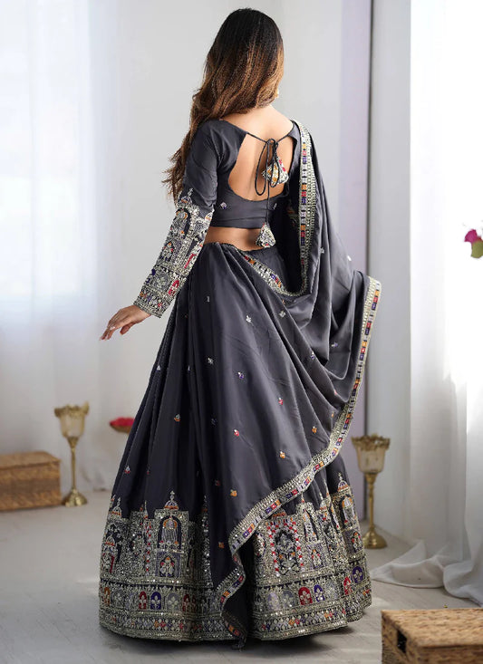 Grey Silk Thread Embroidered Traditional Lehenga Choli with Dupatta for Women Designer Ethnic Wear by Jagraa