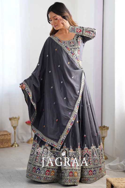 Grey Silk Thread Embroidered Traditional Lehenga Choli with Dupatta for Women Designer Ethnic Wear by Jagraa