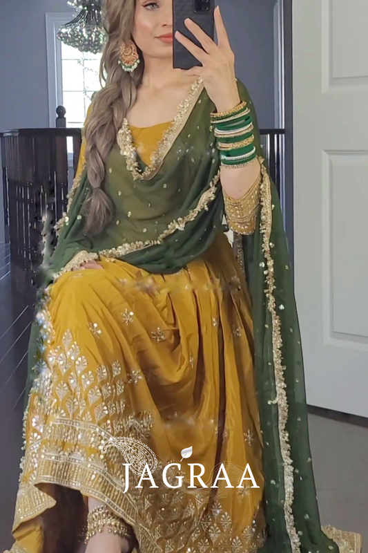 Haldi Ceremony Wear Mustered Color Anarkali Gown With Dupatta