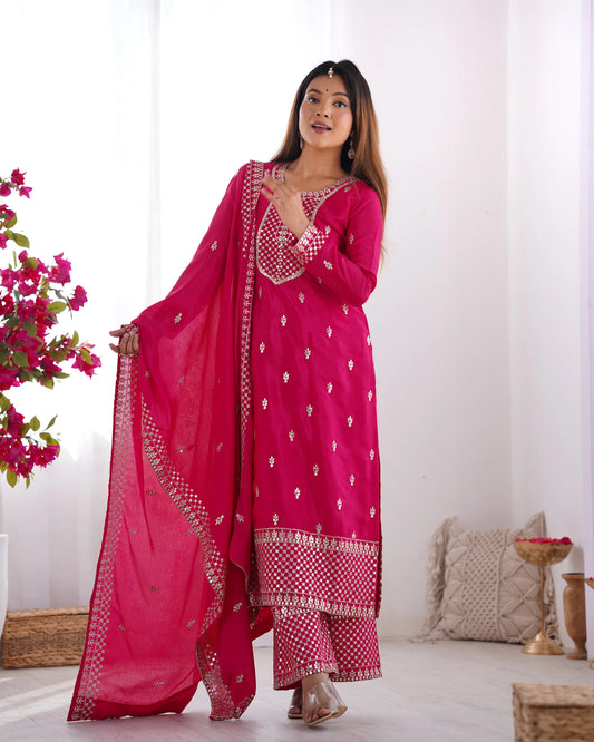 Hot Pink Embroidered Kurta Pant Dupatta Set for Women | Festive Ethnic Wear by Jagraa