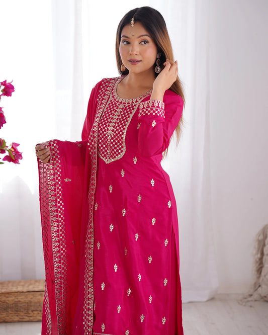Hot Pink Embroidered Kurta Pant Dupatta Set for Women | Festive Ethnic Wear by Jagraa