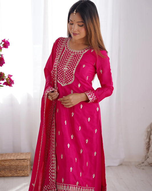 Hot Pink Embroidered Kurta Pant Dupatta Set for Women | Festive Ethnic Wear by Jagraa