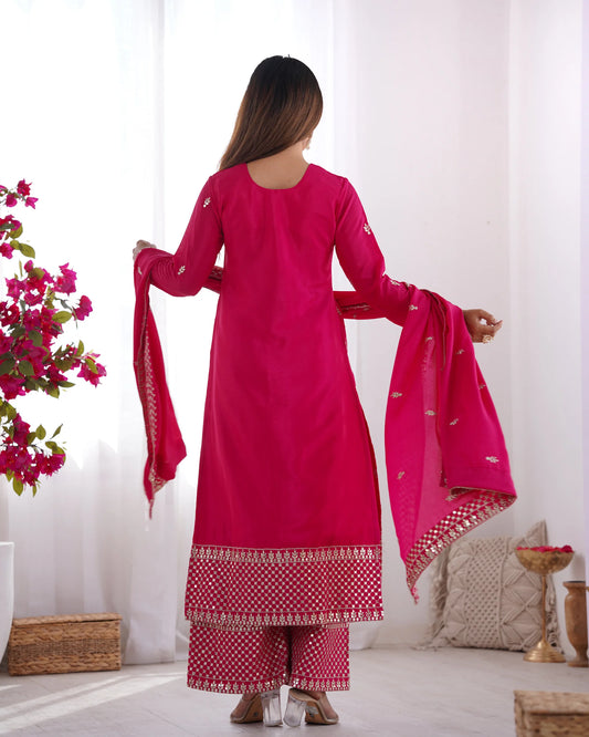 Hot Pink Embroidered Kurta Pant Dupatta Set for Women | Festive Ethnic Wear by Jagraa