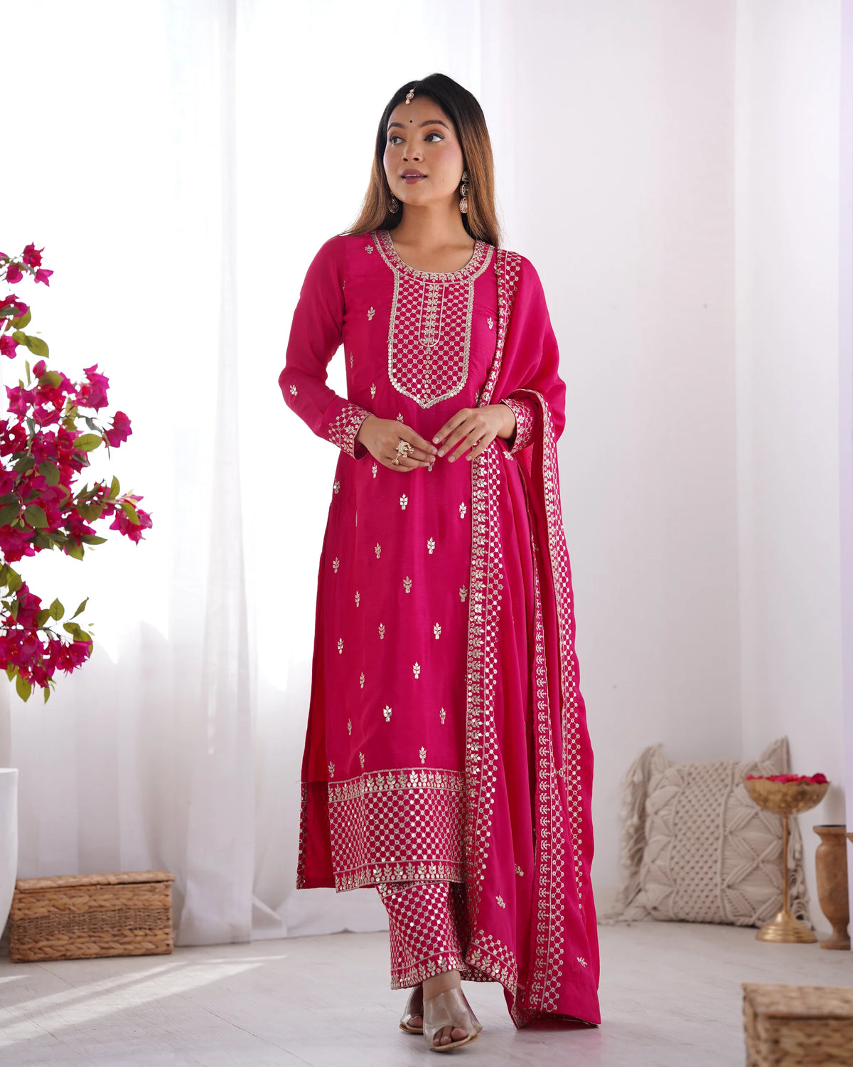 Hot Pink Embroidered Kurta Pant Dupatta Set for Women | Festive Ethnic Wear by Jagraa