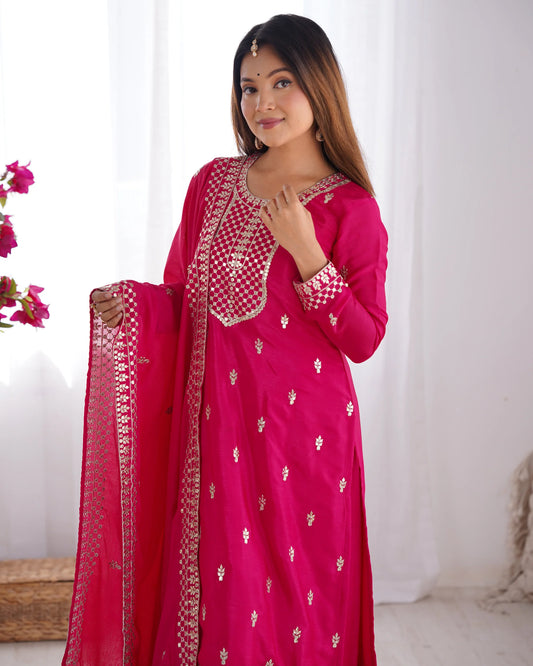 Hot Pink Embroidered Kurta Pant Dupatta Set for Women | Festive Ethnic Wear by Jagraa