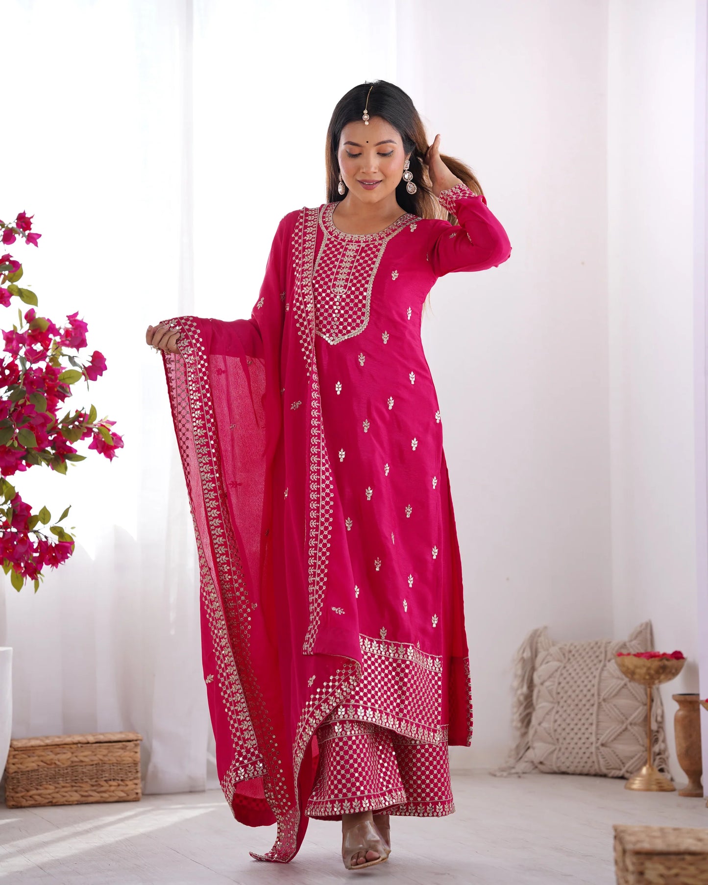 Hot Pink Embroidered Kurta Pant Dupatta Set for Women | Festive Ethnic Wear by Jagraa