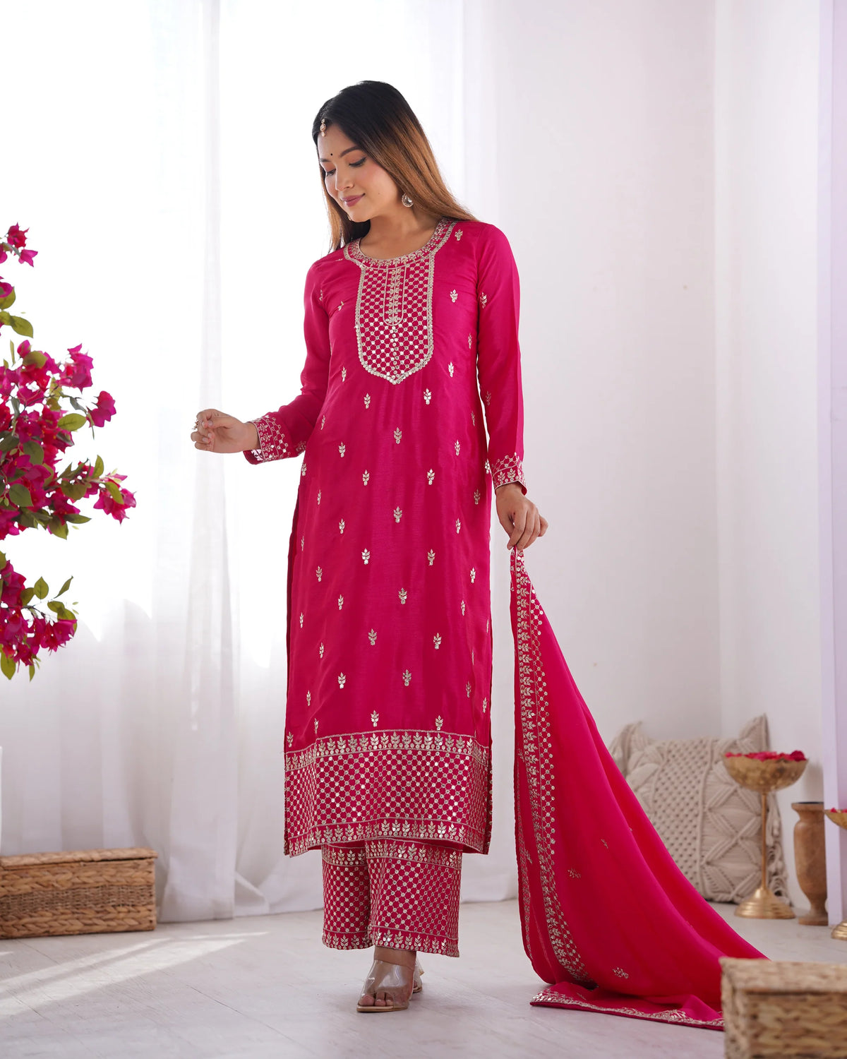 Hot Pink Embroidered Kurta Pant Dupatta Set for Women | Festive Ethnic Wear by Jagraa