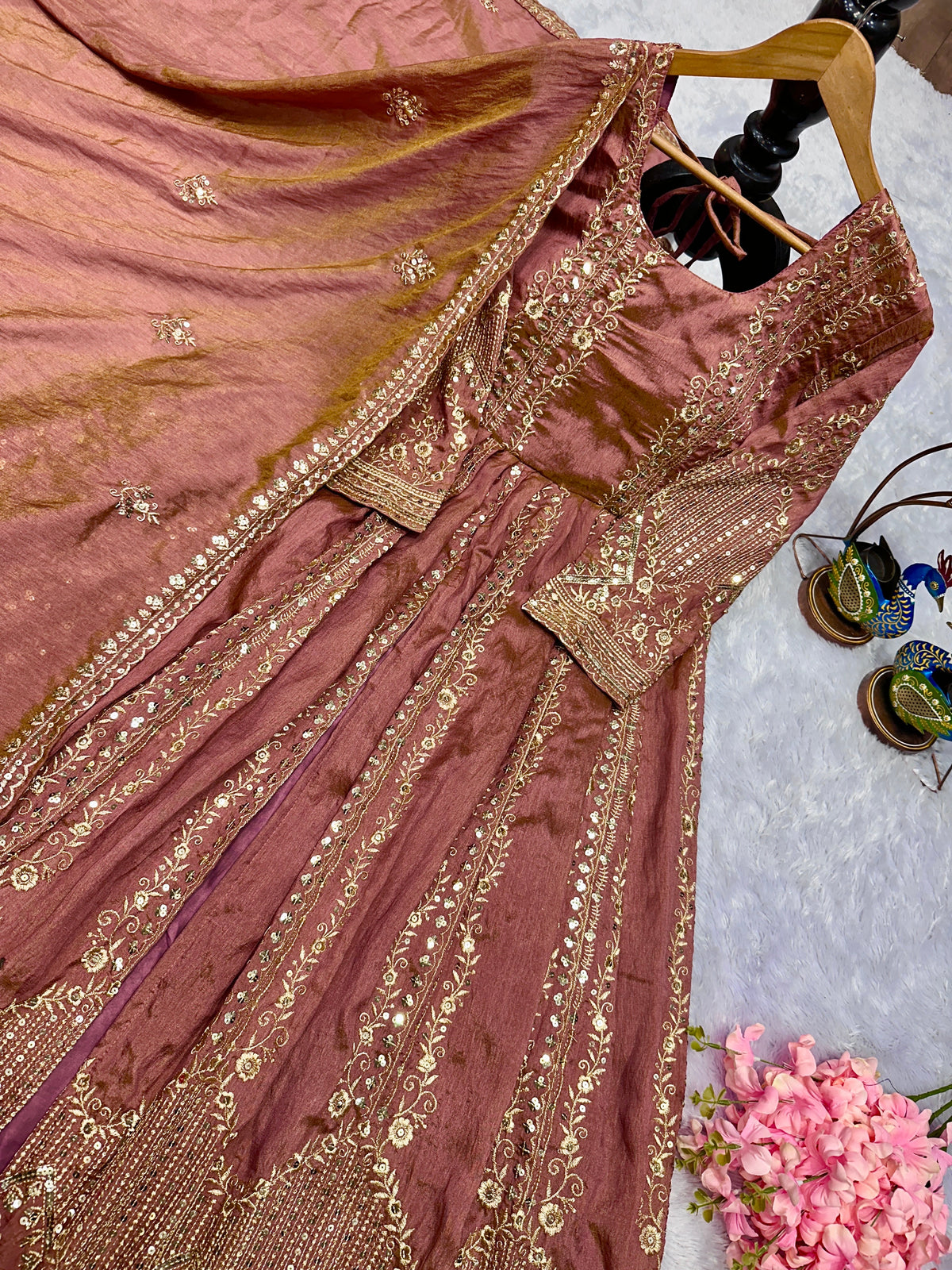 Peach Crunchy Silk Heavy Embroidery Gown with Lahenga And Dupatta