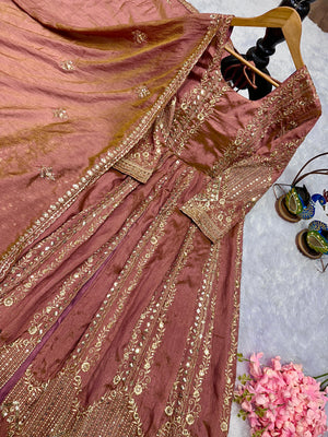 Peach Crunchy Silk Heavy Embroidery Gown with Lahenga And Dupatta